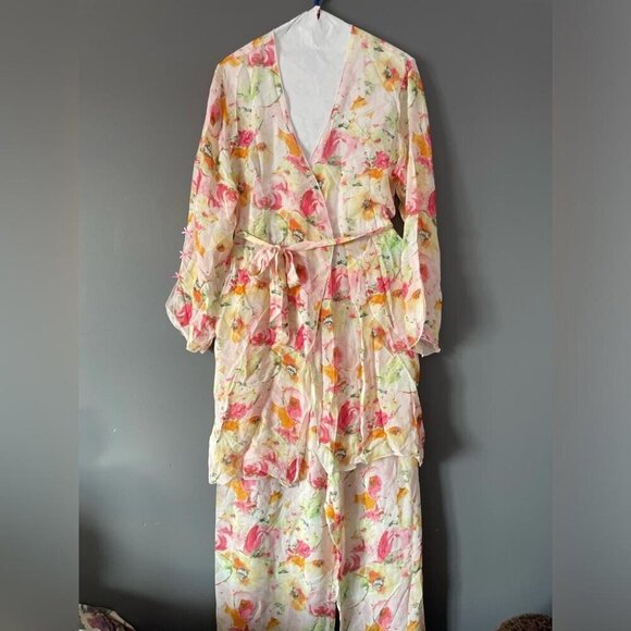 Fairycore Chiffon Set L-XL Watercolor Floral Duster & Pants Ethereal - Picture 2 of 16